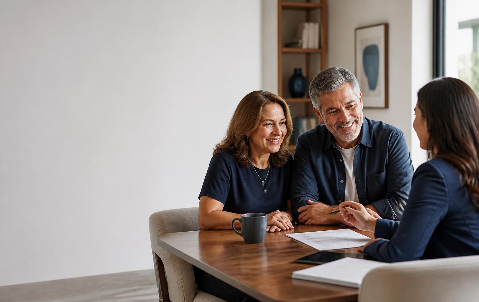 Casal conversando com uma especialista sobre planejamento financeiro